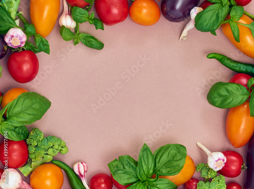Frame of various  vegetables on background  top view. Frame of organic food with space for text.