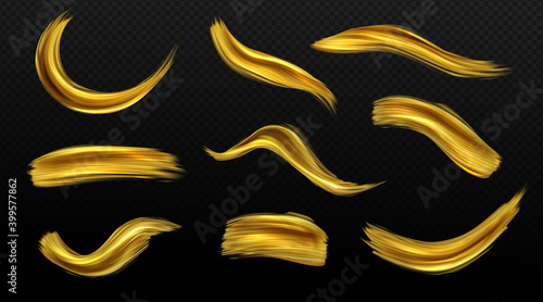 Gold brush strokes, golden paint smears isolated on transparent background. Vector realistic set of yellow metal texture stains. Hand drawing of shiny smudges, luxury design elements