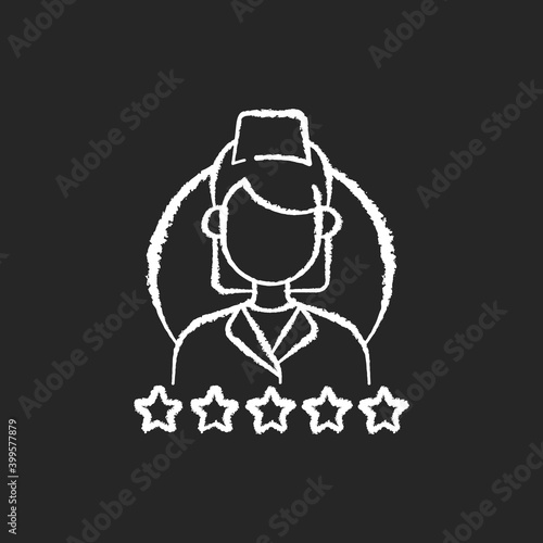 Review doctor chalk white icon on black background. Improving patient experience. Useful, constructive feedback. Customer service. Online reputation. Isolated vector chalkboard illustration
