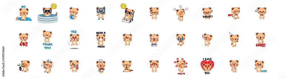 Set of bear cartoons with different emotions. Vector illustration