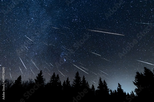 Meteor shower with 44 meteors and the milky way in the background above a silhouette treeline of spruce and pine trees. Composite from 44 images. 