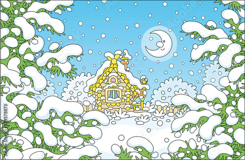 Smiling moon and a decorated small wooden house on a pretty snow-covered forest glade on a snowy and frosty winter night, vector cartoon illustration