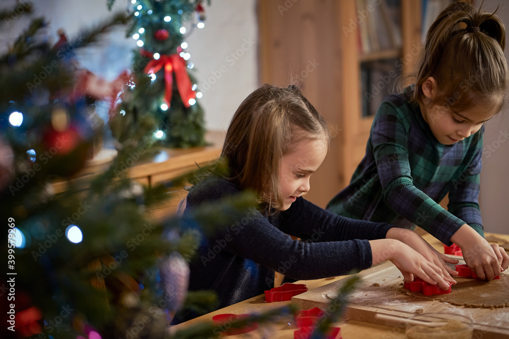 two cute sisters make and decorate Christmas gingerbread cookies two cute sisters make and decorate Christmas gingerbread cookies