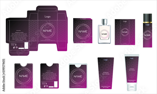 Packaging design, luxury perfume box, pocket perfume, deo design and face cream template and mock up box. Illustration vector.