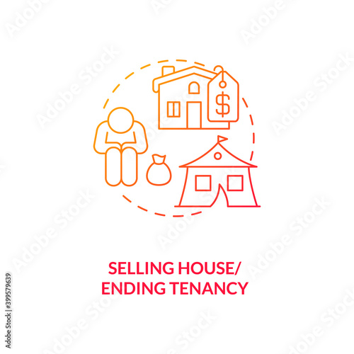 Selling house, ending tenancy red gradient concept icon. Financial crisis. Debtor difficulty. Eviction notice. Bankruptcy idea thin line illustration. Vector isolated outline RGB color drawing