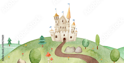 Bild auf Leinwand Illustration of Beautiful fairytale path leading to the castle on hill
