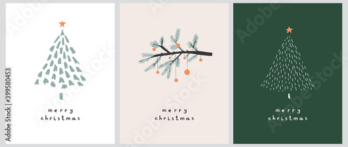 Merry Christmas. Happy Holidays. Simple Infantile Style Christmas Trees and Branch with Red Baubles Isolated on a White, Beige and Dark Green Background.Cute Hand Drawn Christmas Wishes Vector Card. 