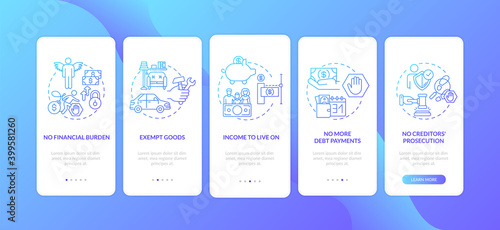 Debt free benefit dark blue onboarding mobile app page screen with concept. Family budget. No financial burden walkthrough 5 steps graphic instructions. UI vector template with RGB color illustrations