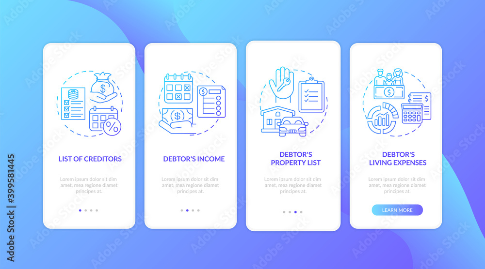 Creditor and debtor dark blue onboarding mobile app page screen with concepts. Banking. Financial crisis walkthrough 5 steps graphic instructions. UI vector template with RGB color illustrations Creditor and debtor dark blue onboarding mobile app page screen with concepts. Banking. Financial crisis walkthrough 5 steps graphic instructions. UI vector template with RGB color illustrations