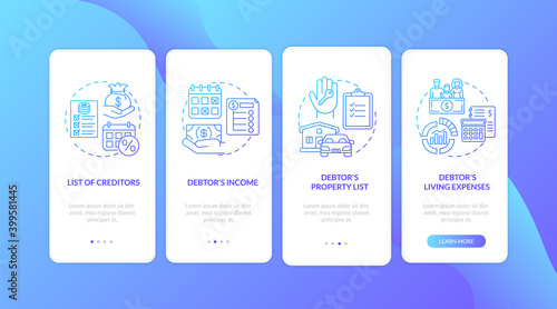 Creditor and debtor dark blue onboarding mobile app page screen with concepts. Banking. Financial crisis walkthrough 5 steps graphic instructions. UI vector template with RGB color illustrations