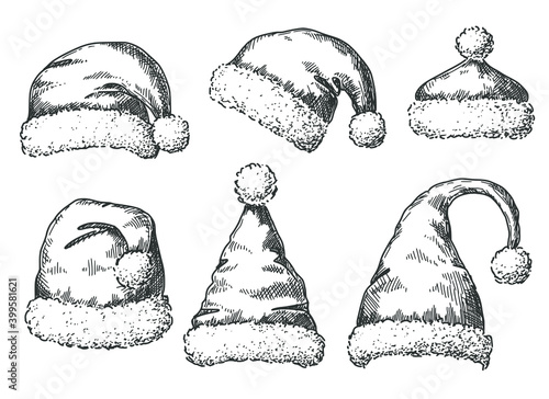 Sketch Santa Claus hats, vintage etching vector illustration.