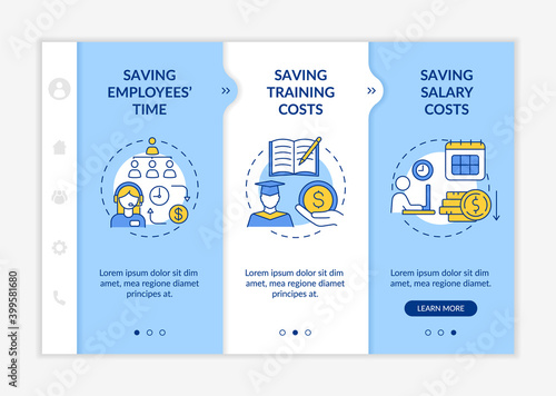 Hiring virtual assistant benefits onboarding vector template. Outsource expert help. Freelancer on project. Responsive mobile website with icons. Webpage walkthrough step screens. RGB color concept