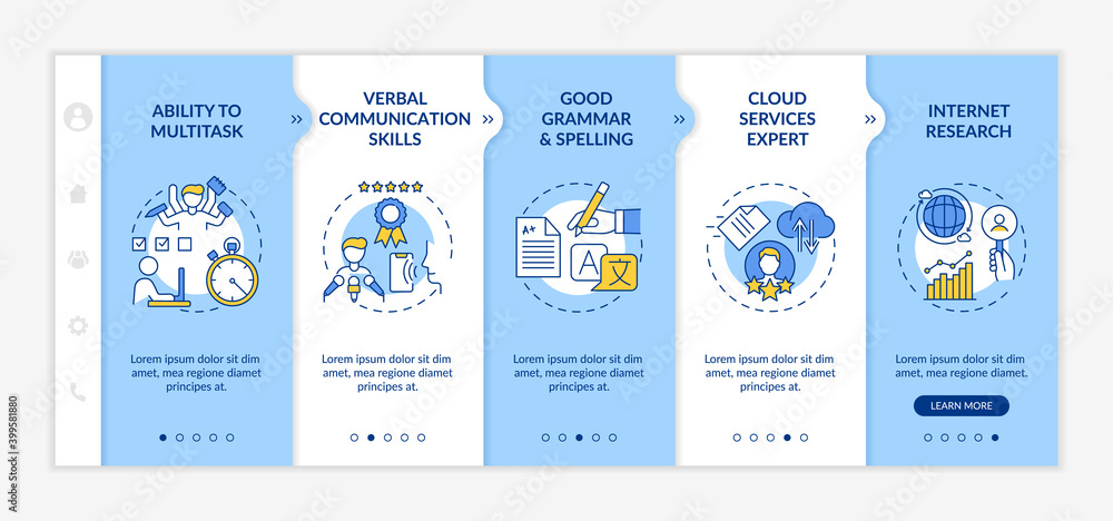 Virtual assistant skills onboarding vector template. Ability to multitask. Administrative management. Responsive mobile website with icons. Webpage walkthrough step screens. RGB color concept