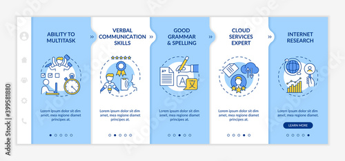 Virtual assistant skills onboarding vector template. Ability to multitask. Administrative management. Responsive mobile website with icons. Webpage walkthrough step screens. RGB color concept