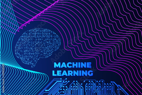 Artificial intelligence synced with human brain. Machine learning concept. Low poly wireframe with human brain connected to a computer circuit board. Concept of future programming software and science