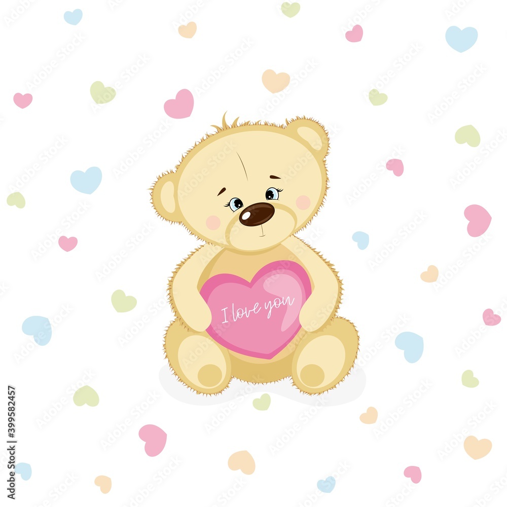 Fototapeta premium Cute smiling Teddy Bear in love with pink heart. Valentines day postcard.