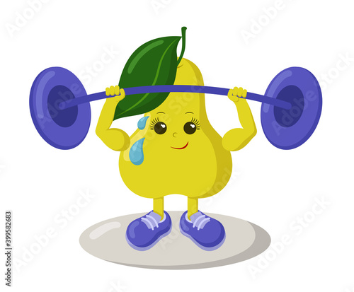Cute strong pear athlete with sneakers and barbell. Colorful smiling kawaii fruit emoticon. Isolated sport training vector illustration. 