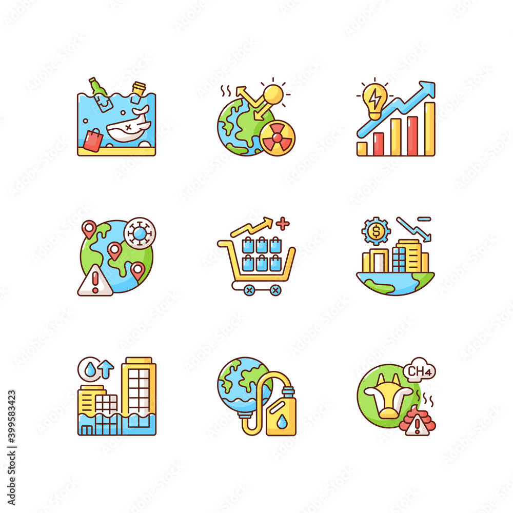 Global warming RGB color icons set. Air pollution with chemical dust. Damaging by reducing resources. Melting glaciers and icebergs. Isolated vector illustrations