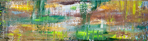Art abstract panorama; beautiful creative background texture, painted in yellows, gold and greens - painting concept for backdrop design - in long, thin header / banner.