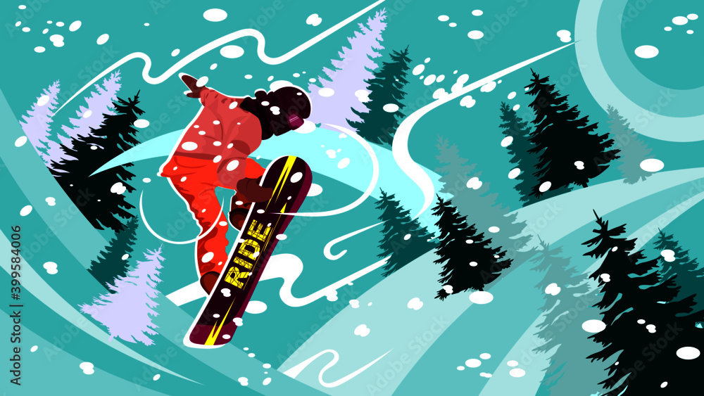 Obraz premium Jump of snowboarder against the background of snow-covered mountain landscape. Hand drawing vector illustration. Can be used for poster, avatar, social media, background, cover.