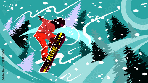 Jump of snowboarder against the background of snow-covered mountain landscape. Hand drawing vector illustration. Can be used for poster, avatar, social media, background, cover.