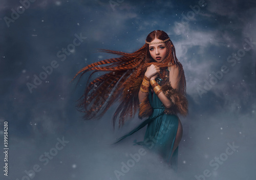 Fotografie, Obraz redhead goddess fantasy woman walks in the clouds