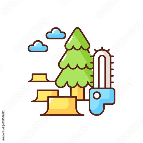 Deforestation RGB color icon. Removal process of world forest. Damaging lands with clearing trees. Changing planet climate. Isolated vector illustration