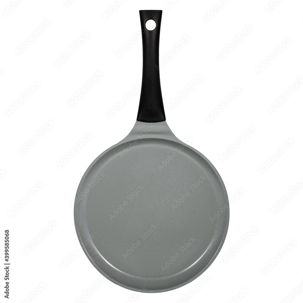 Round frying pan for cooking, kitchen utensils, dishes. Top view isolated on white background