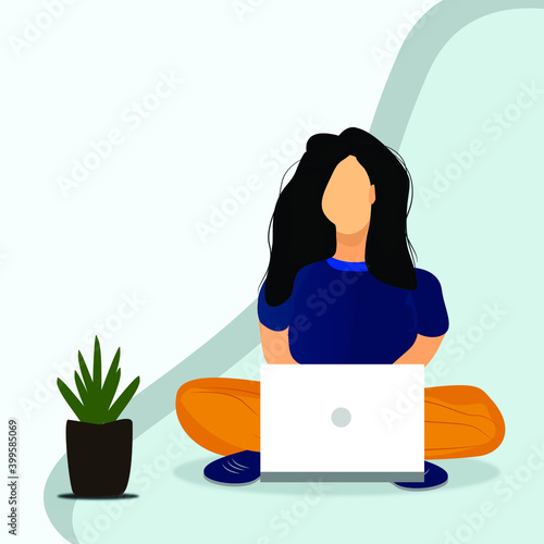 Illustration in flat design,  women sitting with laptop work from home, freelancing, studying, online classes, education, businesswomen, Independent women.