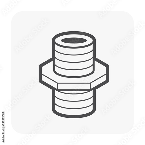 Male to male pvc plastic nipple threaded pipe fitting NPT vector icon. Consist screw both side. Part for connection pipe in pipeline system, plumbing, drainage, vent, waste, sewage and water supply.