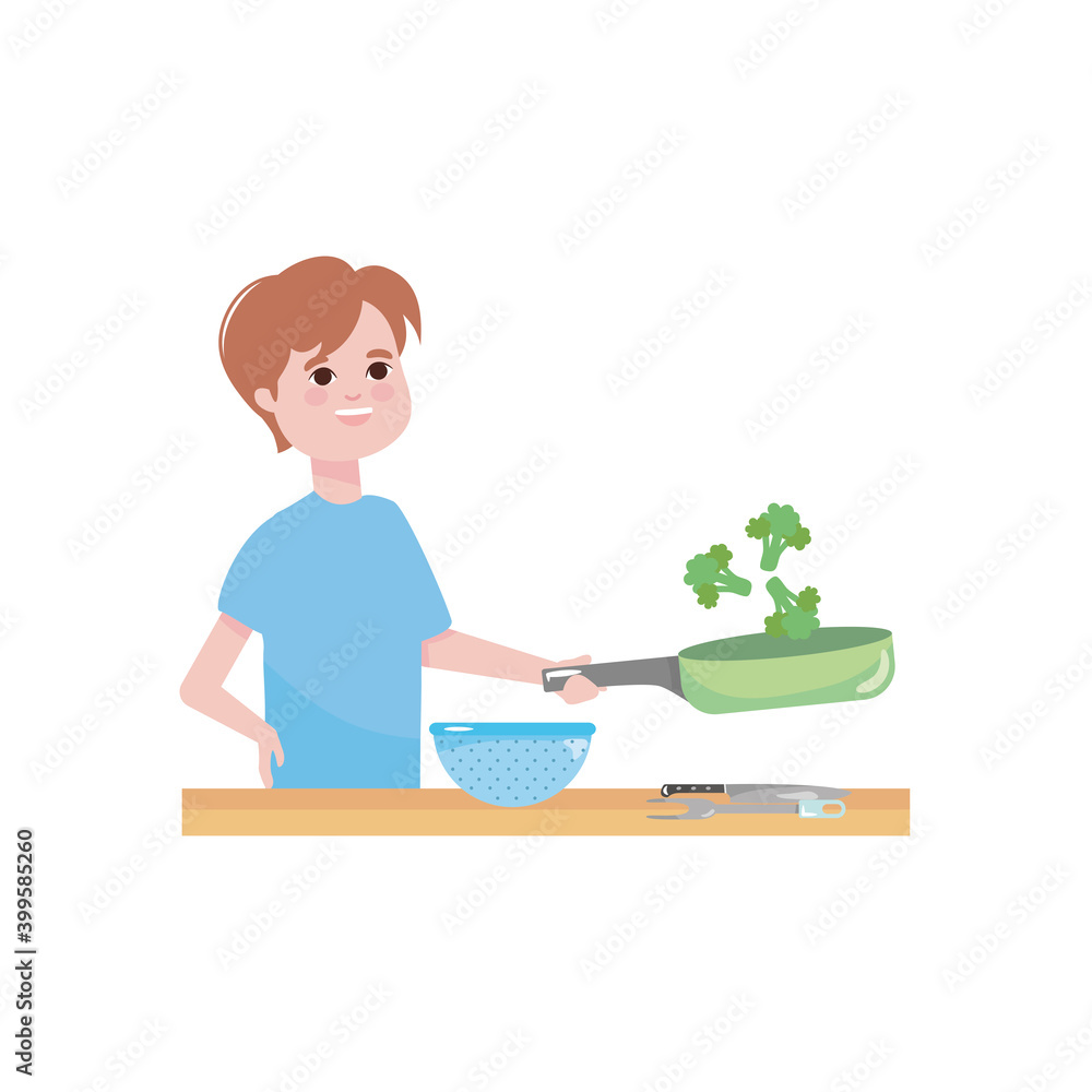 cartoon man cooking and holding a pan with broccoli, colorful design cartoon man cooking and holding a pan with broccoli, colorful design