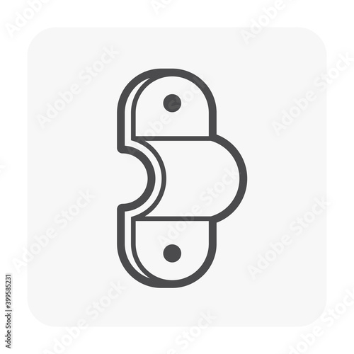 PVC pipe strap vector icon. Also called tension clip, pipe clamp, bracket, fasten holder, clip lock and hanger. Plumbing part for laying, installation, hang or fixed pipe in position. Mounting screw.