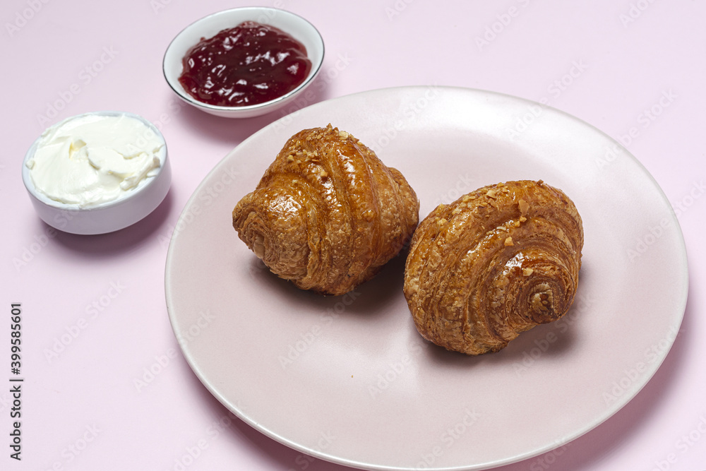 French Homemade fresh croissants with jam and butter French Homemade fresh croissants with jam and butter