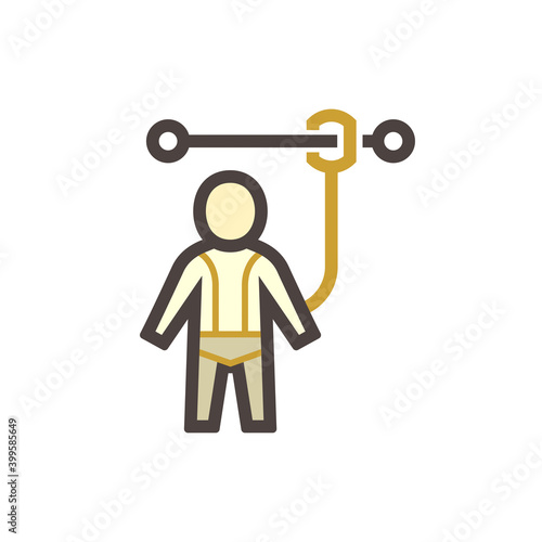 Safety harness vector icon. That uniform or tool with rope or cable is personal protective equipment (PPE) for wear to work at height building to protect, safe or prevent builder person fall, injury.