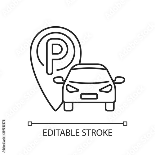 Parking area linear icon. Location that is designated for parking. Place your car in safe. Thin line customizable illustration. Contour symbol. Vector isolated outline drawing. Editable stroke