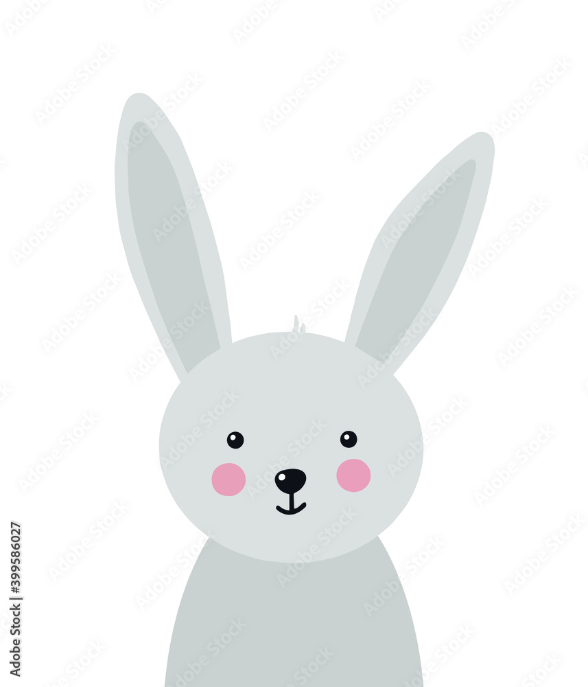 Cute little rabbit - character illustration in flat style. Children hand drawn design element for card, poster, invitation, sticker, t-shirt design, nursery print, pattern, room decor, clothes.