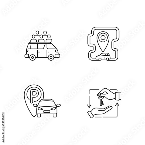 Car sharing and rental service linear icons set. Share taxi services for many people. Customizable thin line contour symbols. Isolated vector outline illustrations. Editable stroke