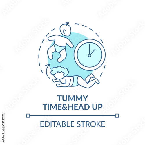 Tummy time and head up turquoise concept icon. Baby crawling. Newborn laying. Early childhood development idea thin line illustration. Vector isolated outline RGB color drawing. Editable stroke