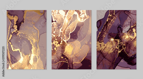 Set of violet, and gold marble abstract patterns. Alcohol ink technique stone texture. Vector background. Modern paint with glitter. Banner, poster design template.
