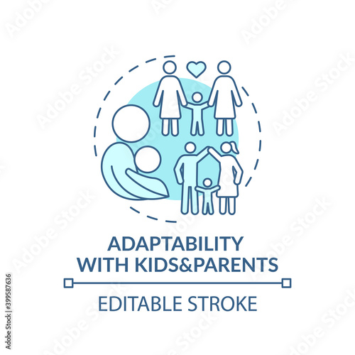 Adaptability with kids and parents turquoise concept icon. Flexibility skill. Early childhood development idea thin line illustration. Vector isolated outline RGB color drawing. Editable stroke