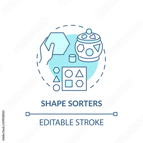 Shape sorters turquoise concept icon. Puzzle for kid. Baby toy. Intellectual skills. Early childhood development idea thin line illustration. Vector isolated outline RGB color drawing. Editable stroke