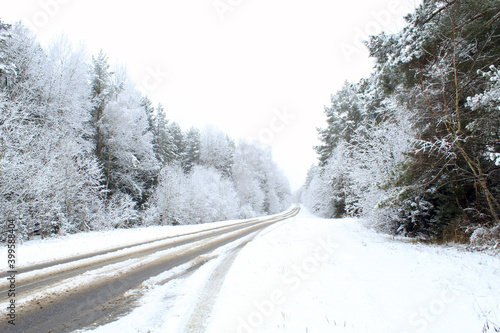winter forest road, poorly cleared, landscape