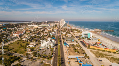"Daytona Beach, FL USA - 12-10-2020: High-in-the-sky shot over A1A in Daytona Beach."