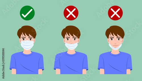 Vector cartoon portrait young male wearing medical face protective mask correctly and wrong. Health care concept to avoiding air pollution or illness and virus illustration isolated on background.