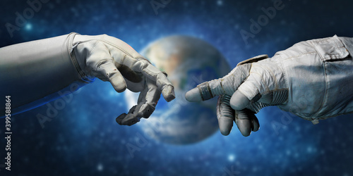 Stampa su tela Astronaut hands and on outer space background