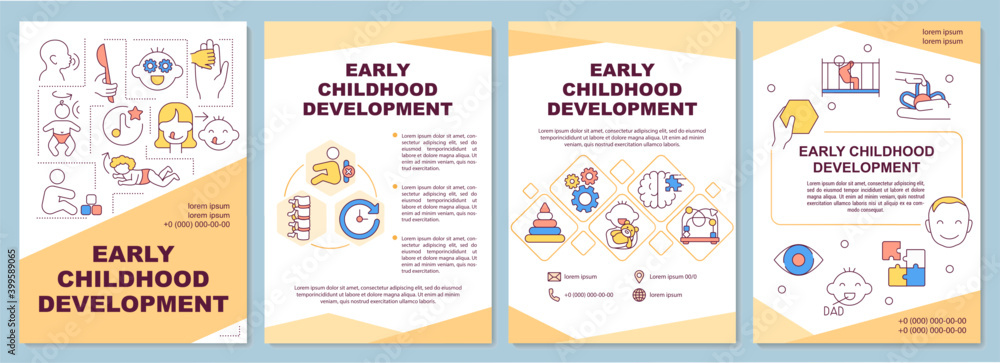Early childhood development brochure template. Toddler, preschool. Flyer, booklet, leaflet print, cover design with linear icons. Vector layouts for magazines, annual reports, advertising posters Early childhood development brochure template. Toddler, preschool. Flyer, booklet, leaflet print, cover design with linear icons. Vector layouts for magazines, annual reports, advertising posters