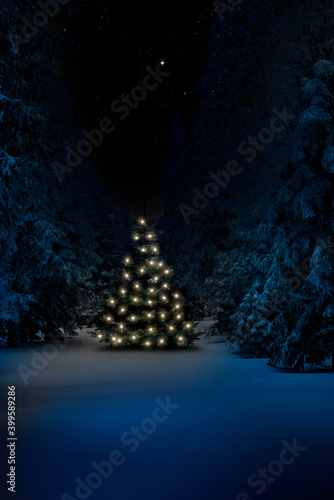 Leuchtender Weihnachtsbaum im Winterwald am Weihnachtsabend