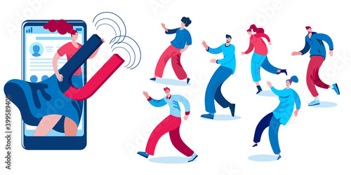 A woman with a magnet to attract subscribers to your account. Concept of a vector illustration on the topic of promotion in social networks.
