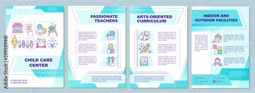 Child care center brochure template. Passionate teachers, curriculum. Flyer, booklet, leaflet print, cover design with linear icons. Vector layouts for magazines, annual reports, advertising posters