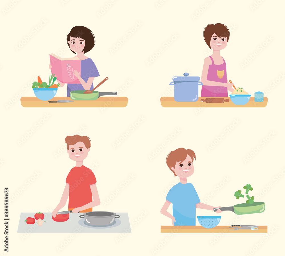 people cooking with kitchen elements, colorful design people cooking with kitchen elements, colorful design